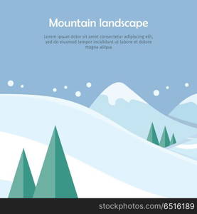 Mountain Landscape Web Banner. Skiing Scinery. Mountain landscape web banner. Skiing scenery design. Extreme hills in snowy outdoor high mountains. Sport season environment. Winter holiday resort activity. Blue sky and crystal white snow. Vector