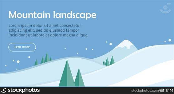 Mountain Landscape Web Banner. Skiing Scinery. Mountain landscape web banner. Skiing scenery design. Extreme hills in snowy outdoor high mountains. Sport season environment. Winter holiday resort activity. Blue sky and crystal white snow. Vector
