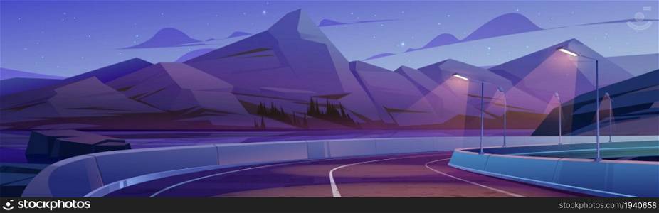 Mountain landscape with car road, lake and trees on coast at night. Vector cartoon illustration of highway with lanterns and concrete fencing, high rocks and river. Mountain landscape with car road, lake and trees