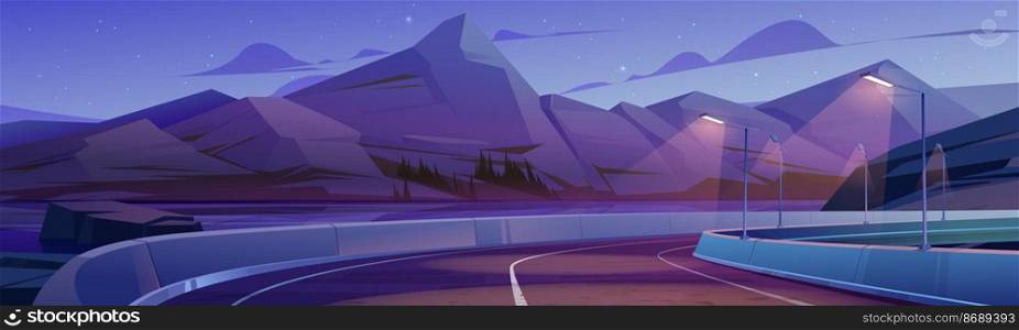 Mountain landscape with car road, lake and trees on coast at night. Vector cartoon illustration of highway with lanterns and concrete fencing, high rocks and river. Mountain landscape with car road, lake and trees