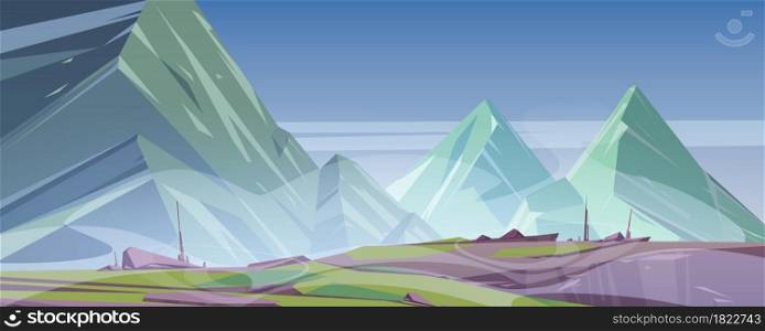 Mountain landscape with fog cover rocky peaks. Cartoon nature view with green grass on foggy rocks under grey dull gloomy sky scenery background, summer or spring tranquil scene, vector illustration. Mountain landscape with fog cover rocky peaks