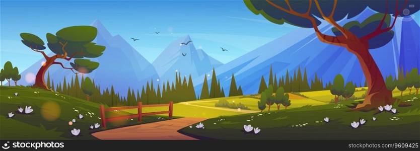 Mountain landscape with forest and meadow, rural path and fence. Cartoon vector horizontal background with nature - woods and hills, fields, walkway among green grass and flowers, clear blue sky.. Mountain landscape with forest, field, path, fence