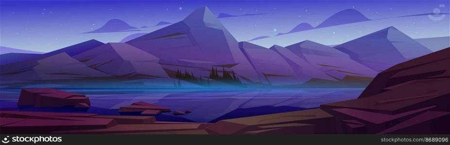 Mountain landscape with lake and trees on coast at night. Vector cartoon illustration of northern nature scenery with white rocks, coniferous forest on river shore, fog above water and stars in sky. Mountain landscape with lake at night