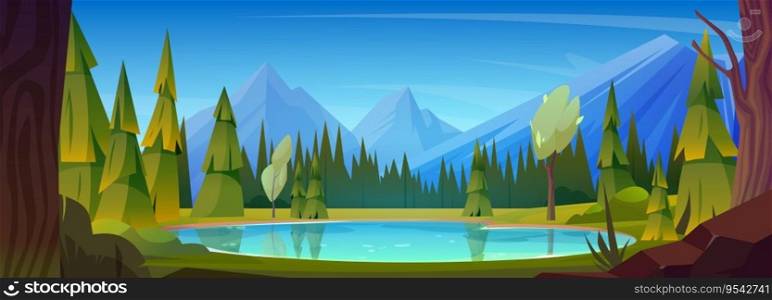 Mountain landscape with lake in forest - clear water pond, green trees and firs on banks and blue sky. Cartoon vector illustration of summer panoramic scene with rocky hills, lagoon and woods.. Mountain landscape with lake in forest