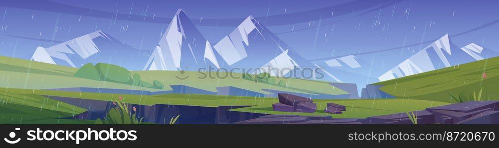 Mountain landscape with meadows and chasms in rain. Summer panorama with white rocks on horizon, green grass and land cracks after earthquake at rainy weather, vector cartoon illustration. Mountain landscape with meadows and chasms in rain