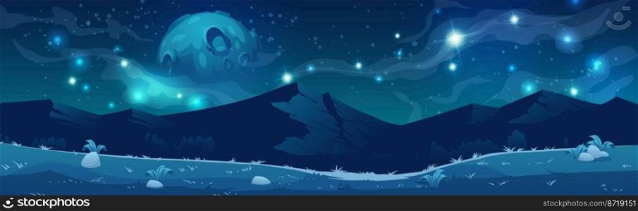 Mountain landscape with moon, stars and milky way in sky at night. Vector cartoon illustration of beautiful universe panorama in dark sky with shiny stars and planets. Mountain landscape with moon, stars and milky way