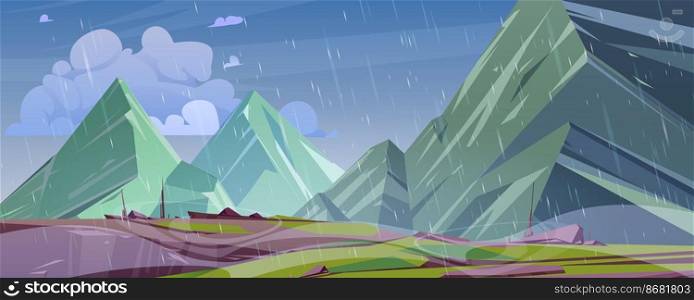 Mountain landscape with rain. Vector cartoon illustration of high rocks and peaks with cliffs, ledge and dangerous gaps at rainy weather with wind and falling water drops. Mountain landscape with rain and wind