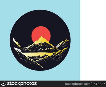 Mountain Landscape with Red Sun Illustration
