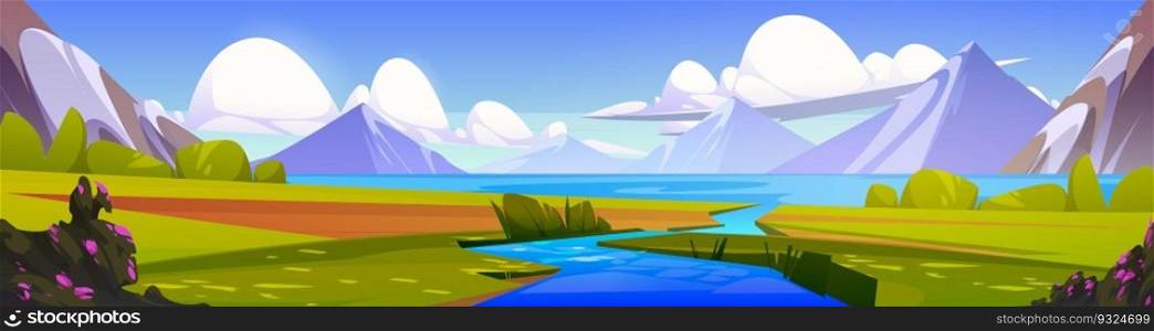 Mountain landscape with river delta. Vector cartoon illustration of water flowing into sea, majestic rocky peaks with glacier, green valley with blooming bushes, sunny sky with clouds. Vacation banner. Mountain landscape with river delta