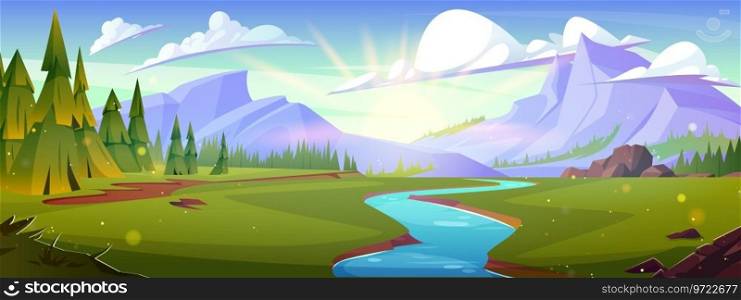 Mountain landscape with river in green valley. Vector cartoon illustration of beautiful natural background with green grass and fir tree forest, water stream flowing towards rocks, clouds in sunny sky. Mountain landscape with river in green valley