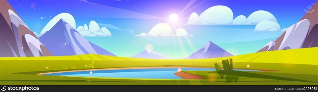 Mountain landscape with small lake in valley. Vector cartoon illustration of beautiful rocky range, meadow with green grass, blue water under sunny sky with sun shining bright. Summer vacation scene. Mountain landscape with small lake in valley