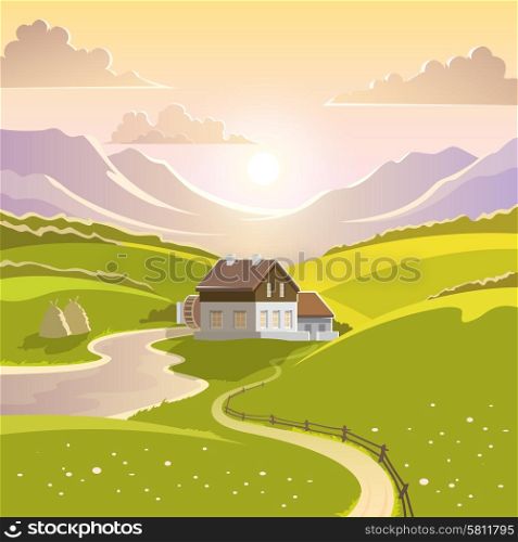 Mountain landscape with summer sun green meadow and country house vector illustration. Mountain Landscape Illustration