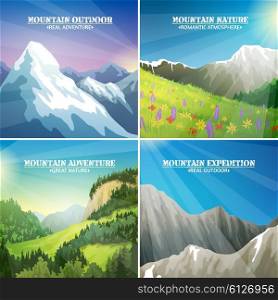 Mountain Landscapes 4 Flat Icons Square. Mountains landscapes 4 flat icons square composition with alpine meadow flowers and icy peaks for travelers vector illustration