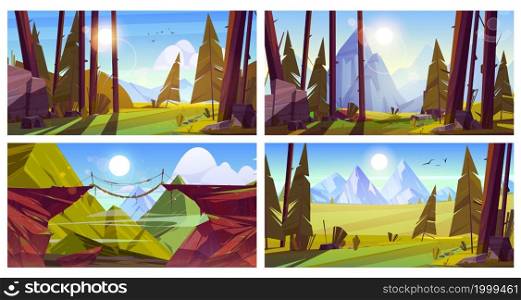 Mountain landscapes with forest and suspension bridge. Vector cartoon set of illustrations with coniferous trees, rocks, green grass, wooden rope bridge between cliffs and sun in sky. Mountain landscapes with trees and rope bridge