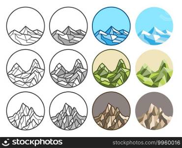 Mountain line art polygon vector illustration. Linear,shadow,colored line,flat styles. Design in round shape and copy space for decoration and logo design.