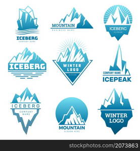 Mountain logo. Badges with ice rock pictures iceberg on north pole antarctic snow weather stylized recent vector business symbols. Ice rock mountain logo, badge symbol nature illustration. Mountain logo. Badges with ice rock pictures iceberg on north pole antarctic snow weather stylized recent vector business symbols