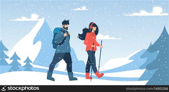 Mountain Man and Woman Couple Climbers with Backpacks Walking via Heavy Snow. Winter Climbing Mountaineering Sport. Extreme Seasonal Recreation. Snowfall and Frost. Vector Cartoon Flat Illustration. Mountain Couple Climbers Walking via Heavy Snow