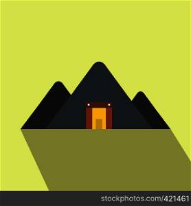 Mountain mine flat icon on a yellow background. Mountain mine flat icon