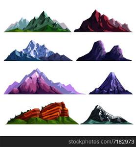 Mountain nature flat isolated icons. Vector set of alpine mountain rocks, mount peaks in snow or rocky canyons in sky clouds for mountain landscape. Mountain rocks or alpine mount hills nature flat isolated icons set