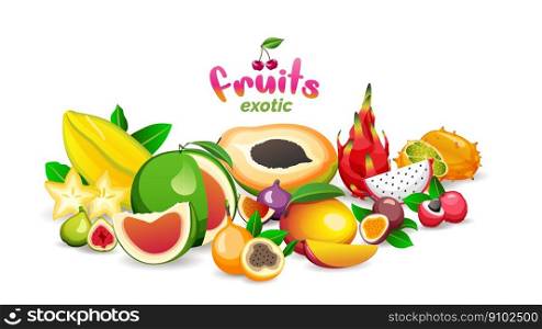 Mountain of exotic fruits on white background, fruit market store logo and banner, vector illustration. Mountain of exotic fruits on white background, fruit market store logo and banner, vector illustration.