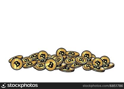 Mountain of gold coins with bitcoin cryptocurrency. Pop art retro comic book vector illustration. Mountain of gold coins with bitcoin cryptocurrency