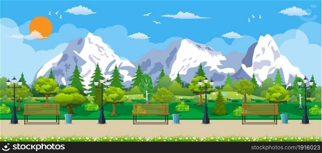 Mountain park concept, wooden bench, street lamp, waste bin in square. Rocky mountains and trees. Leisure time in summer park. Vector illustration in flat style. Mountain park concept, wooden bench,