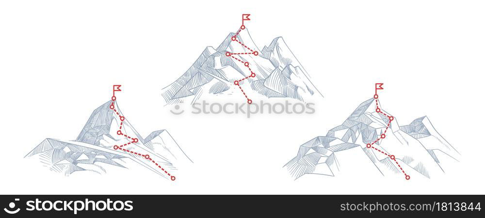 Mountain paths. Progress, success hiking path business metaphor. Journey climb to peak or route of mission. Progressive career way vector illustration. Mountain goal progress, career business. Mountain paths. Progress, success hiking path business metaphor. Journey climb to peak or route of mission. Progressive career way vector illustration