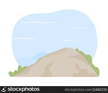 Mountain peak 2D vector isolated illustration. Summit flat landscape on cartoon background. Climbing to top of mountain for goal achievement colourful scene for mobile, website, presentation. Mountain peak 2D vector isolated illustration