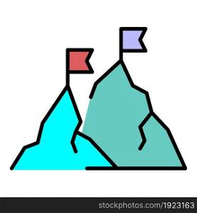 Mountain peak flag icon. Outline mountain peak flag vector icon color flat isolated on white. Mountain peak flag icon color outline vector
