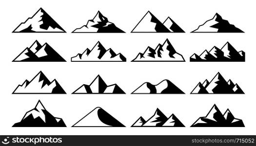 Mountain peak icon. Tibet mountains, berg hills tops and everest hill landscape. Alps winter peaks shape, alpine mountaineer hiking geology isolated vector icons set. Mountain peak icon. Tibet mountains, berg hills tops and everest hill landscape vector icons set