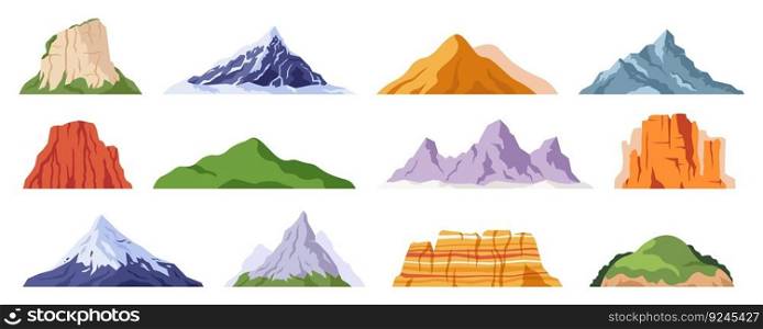 Mountain peaks isolated flat design. Cliff relief, mountains silhouette with snowy peak. Landscape green hill and rock, racy hiking travel nature vector set of rock mountain tourism illustration. Mountain peaks isolated flat design. Cliff relief, mountains silhouette with snowy peak. Landscape green hill and rock, racy hiking travel nature vector set