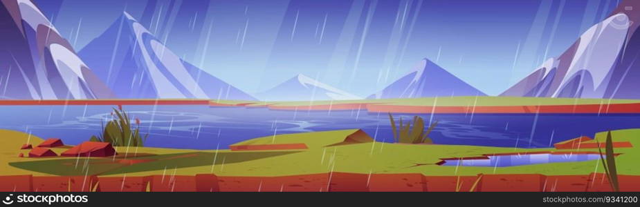 Mountain rainy landscape with river or lake. Vector cartoon illustration of water flowing near majestic rocky peaks with glacier, green valley with blooming bushes, bad weather banner. Mountain rainy landscape with flowing river, lake
