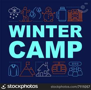 Mountain range camp word concepts banner.Ski resort. Winter season, holiday resort. Presentation, website. Isolated lettering typography idea with linear icons. Vector outline illustration
