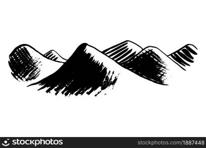 mountain relief in grunge style hand drawn in black ink and isolated on a white background. Horizontal vector illustration with hills.