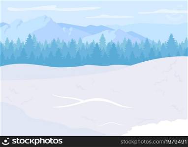 Mountain resort flat color vector illustration. Ski season. Outdoor recreation. Skiing and snowboarding opportunities. Mountain national park 2D cartoon landscape with snowy peaks on background. Mountain resort flat color vector illustration