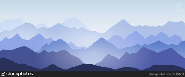 Mountain ridges and hills silhouette landscape background. Abstract morning mountains panorama, beautiful nature scene vector illustration. Peaks in mist or blue fog and cold sunlight. Mountain ridges and hills silhouette landscape background. Abstract morning mountains panorama, beautiful nature scene vector illustration