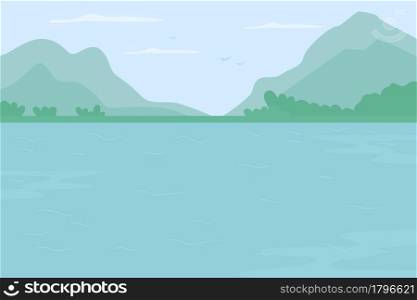 Mountain river flat color vector illustration. Outdoor recreation. Lake and surrounding hills. Wildlife habitat. Relaxing near water body 2D cartoon landscape with mountain ranges on background. Mountain river flat color vector illustration