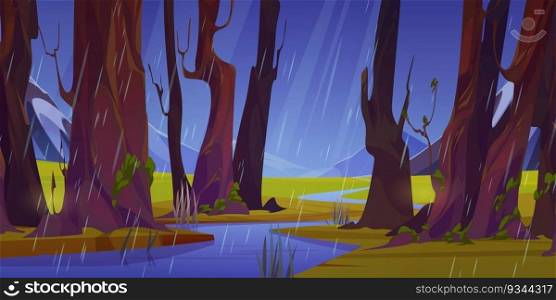 Mountain river flowing in forest. Vector cartoon illustration of rainy spring weather, green summer landscape with wet trees, stormy blue sky, stream or brook in valley, beautiful nature. Mountain river flowing in forest, rainy weather