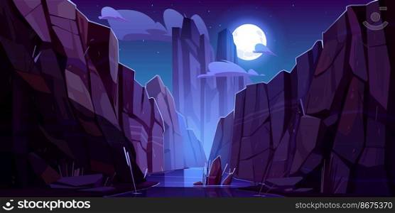 Mountain river in canyon at night. Vector cartoon landscape of nature park, water stream in gorge with stone cliffs and rocks. Grand canyon national park in Arizona. Mountain river in canyon at night