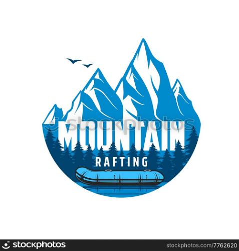 Mountain river rafting icon. Outdoor recreation and leisure in wild nature, extreme water sport vector emblem, blue icon with rafting inflatable boat on mountain river or lake and pine forest trees. Mountain river rafting outdoor recreation icon