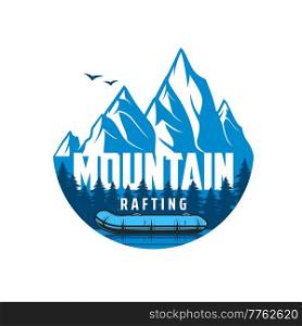 Mountain river rafting icon. Outdoor recreation and leisure in wild nature, extreme water sport vector emblem, blue icon with rafting inflatable boat on mountain river or lake and pine forest trees. Mountain river rafting outdoor recreation icon
