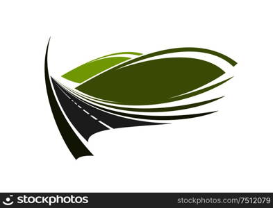 Mountain road icon with modern highway passes through the green valley with domed hills, for travel or transportation themes. Mountain road passes through valley with hills