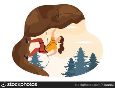 Mountain Rock Climbing Cartoon Illustration with Climber Climbs Wall or Mountainous Cliff use Equipment on a Nature Landscape Background