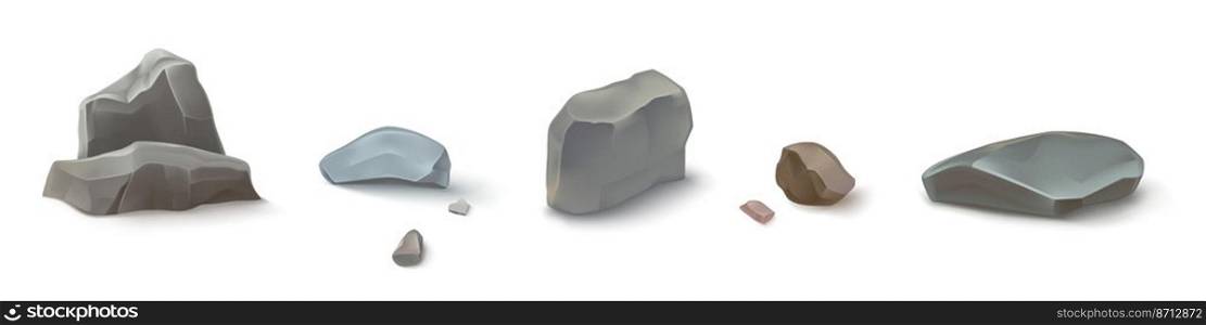 Mountain rocks, stones, pebbles or boulders, natural design elements , geological materials with realistic texture. Rocky pieces of different shapes and sizes, Isolated 3d vector illustration, set. Mountain rocks, stones, pebbles or boulders set