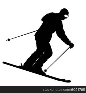 Mountain skier speeding down slope. Vector sport silhouette.