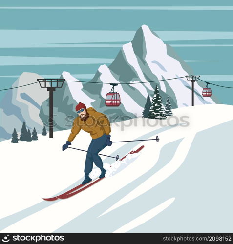 Mountain skier vintage winter resort village Alps, Switzerland. Snow landscape peaks, slopes with gondola lift, with wooden old fashioned skis and poles. Travel retro poster, vector illustration flat style. Mountain skier vintage winter resort village Alps, Switzerland. Snow landscape peaks, slopes with gondola lift, with wooden old fashioned skis and poles. Travel retro poster