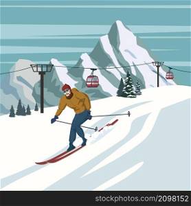 Mountain skier vintage winter resort village Alps, Switzerland. Snow landscape peaks, slopes with gondola lift, with wooden old fashioned skis and poles. Travel retro poster, vector illustration flat style. Mountain skier vintage winter resort village Alps, Switzerland. Snow landscape peaks, slopes with gondola lift, with wooden old fashioned skis and poles. Travel retro poster