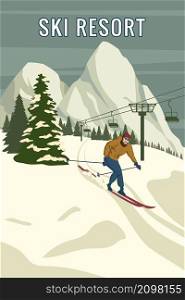 Mountain skier vintage winter resort village Alps, Switzerland. Snow landscape peaks, slopes with sci lift, with wooden old fashioned skis and poles. Travel retro poster, vector illustration flat style. Mountain skier vintage winter resort village Alps, Switzerland. Snow landscape peaks, slopes with sci lift, with wooden old fashioned skis and poles. Travel retro poster