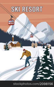 Mountain skier vintage winter resort village Alps, Switzerland. Snow landscape peaks, slopes with red gondola lift, with wooden old fashioned skis and poles. Travel retro poster, vector illustration flat style. Mountain skier vintage winter resort village Alps, Switzerland. Snow landscape peaks, slopes with red gondola lift, with wooden old fashioned skis and poles. Travel retro poster