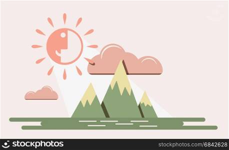 Mountain sky with funny smiling sun vector landscape illustration